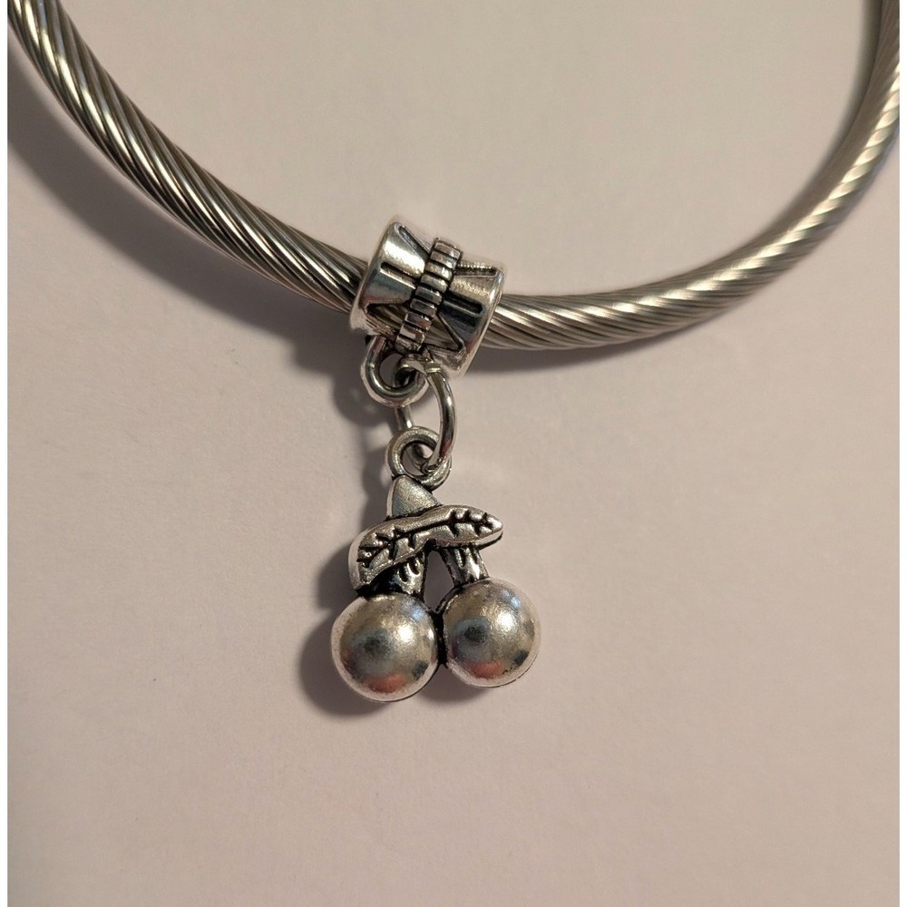 Silver Tone Cherry Dangle Charm Fruit Pendant for Bracelet or Necklace